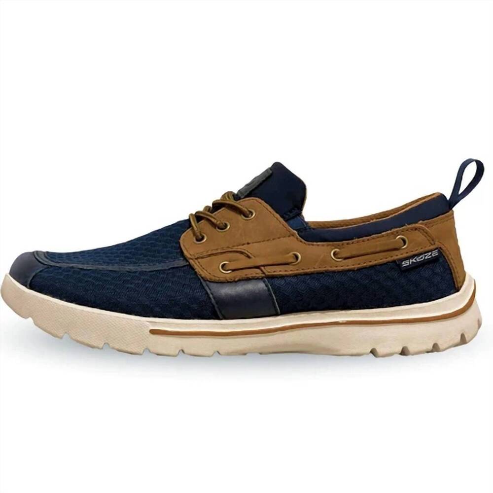 NEW SKUZE men's stretch fit del mari boat shoe in navy / brown